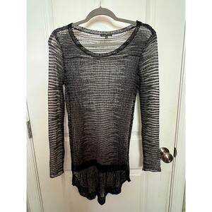 Eileen Fisher Women's Wool XS Black & Gray Sheer Crochet High Low Sweater Top